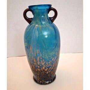 Dale Tiffany Favrile Art Glass Milano Amphora Teal Blue Gold Vase Aventurine 10"